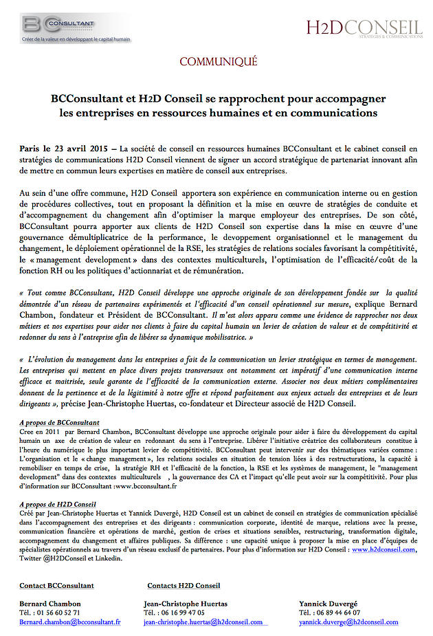 H2D Advisory et BCConsultant : ressources humaines et communications