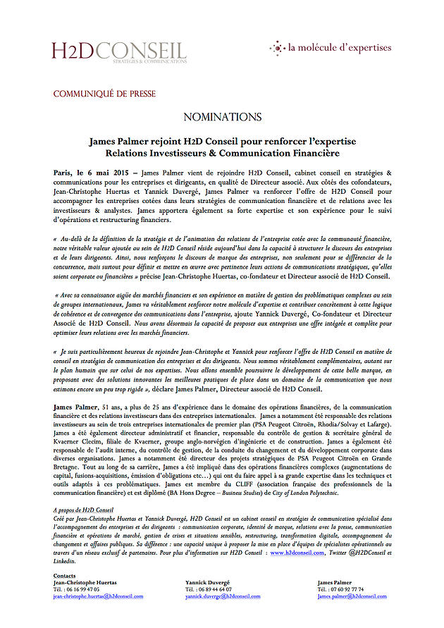 Communiqué de Presse : James Palmer renforce l'expertise relations investisseurs & communication financière de H2D Advisory